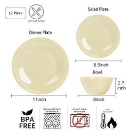 Beesen Cream Melamine Dinnerware Sets of 12 Pcs, BPA Free Dishes Set, Plates and Bowls Sets for Indoor Outdoor Dining on the Beach, RV, Camping Use, Lightweight Unbreakable Dishwasher Safe