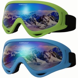 OUTDOORSPARTA 2-Pack Ski Goggles (5. Green Frame, Multiple Color Lens; Blue Frame, Multiple Color Lens)