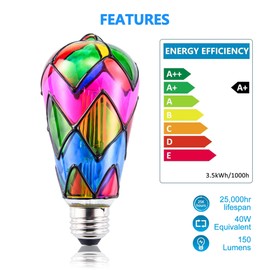 Lpraer 3 Pack Edison Stained Glass LED Light Bulb E26 Base 3.5W LED Colored Light Bulbs for Table Lamp, Chandelier, Floor Lamp, Wall Sconces (E26 Base ST64)