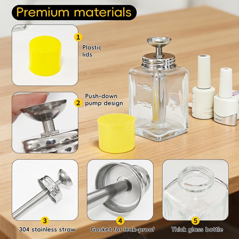 6oz / 180ml Glass Dispenser, Push Down Acetone Pump