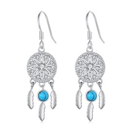 Dream Catcher Earrings 925 Sterling Silver Feather Earring Turquoise Earring Dreamcatcher Earring for Women Feather Dreamcatcher Drop Dangle Earrings Jewellery Gifts for Women