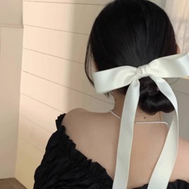 Xduargs Long Satin Silk Bow Hairclip Barrette Vintage Silk Satin Bow Hair Clip Long Tails Ribbon Bow Hairclip Pin Silky Satin Hair Bow Clips French Handmade Long Bow Hair Accessories for Women (White)