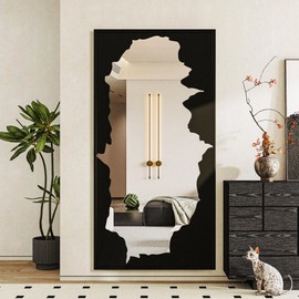 Full-Length Mirror Free Standing Leaning Mirror with Artistic Black Abstract Overlay Deco, 55"x28" Shatterproof Wall-Mounted Mirror, Perfect for Living Room, Bedroom, Cloakroom, and Bathroom Decor