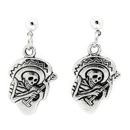 “Day of the Dead” Skeleton playing guitar - 22x15mm - Silver alloy charm dangle earrings. Hypoallergenic Silver-Plated 3mm Ball Post Earrings with Backs.