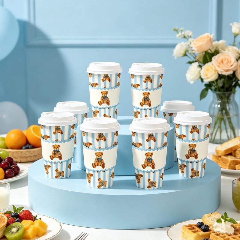 50 Sets Bear Coffee Cups with Lids Sleeves 16 Oz