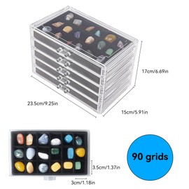 Dmnnlp Rock Display Case, 5 Drawers 90 Grids Acrylic Rock Collection Box, Storage Cases for Small Rocks Gemstone Fossil Crystal Stone Jewellery Collectibles (Black)