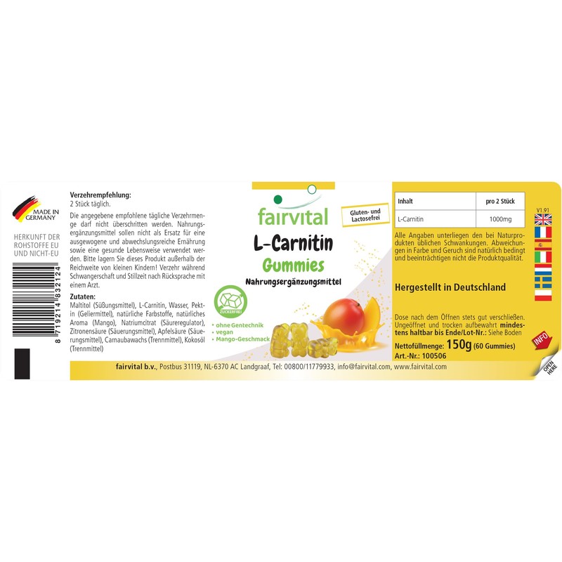 fairvital L-Carnitine Gummies, Pack of 60, 1000 mg per Daily