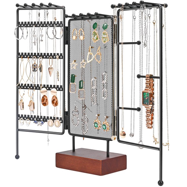 Lolalet Jewelry Organizer Stand Earring Holder, 3 Doors Foldable Necklace Holder Organizer with 30 Hooks, Large Capacity Jewelry Tower Display Rack Storage Tree for Earrings Necklaces Bracelets -Black