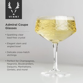 Viski Admiral Stemmed Cocktail Glasses, Crystal Drinkware Perfect for Gin & Tonic, Spritz, and Manhattans, Stemmed Coupe Glasses, Set of 2, 7oz