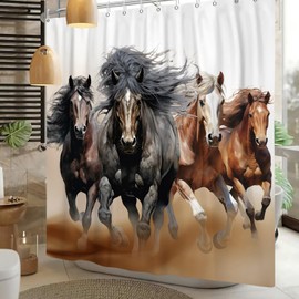 Canessioa Horse Shower Curtain Rustic Cowboy Masculine Western Stallion Horses Shower Curtain Running Sand Farm Herd Wild Animals Bath Curtain Decor Waterproof with 12PCS Hook 72X72IN