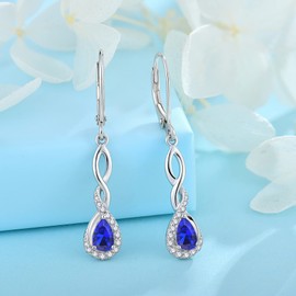 FJ Infinity Earrings for Women 925 Sterling Silver Sapphire Earrings September Birthstone Leverback Dangle Drop Earrings Jewellery Gifts for Women Girls