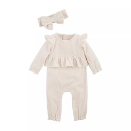 Mud Pie Baby Girl Cream Ribbed Velour  One Piece Outfit w,Headband S 9-12 M NEW