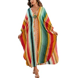L-Peach Women's Bohemian Kaftan Maxi Loungewear Oversized Nightdress Homewear Beach Cover Up Dress, B Orange Green
