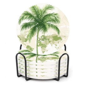 ubcindy Green Tropical Palm Tree on Old World Map Coasters for Drinks Set of 6, Round Absorbent Ceramic Coaster with Metal Holder, Coasters with Cork Base for Coffee Table, Party, Kitchen, Gifts