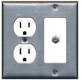 RiteAV (2 Gang Decorative) 15 Amp Round Power Outlet Coax Cable TV Wall Plate - Stainless Steel/White