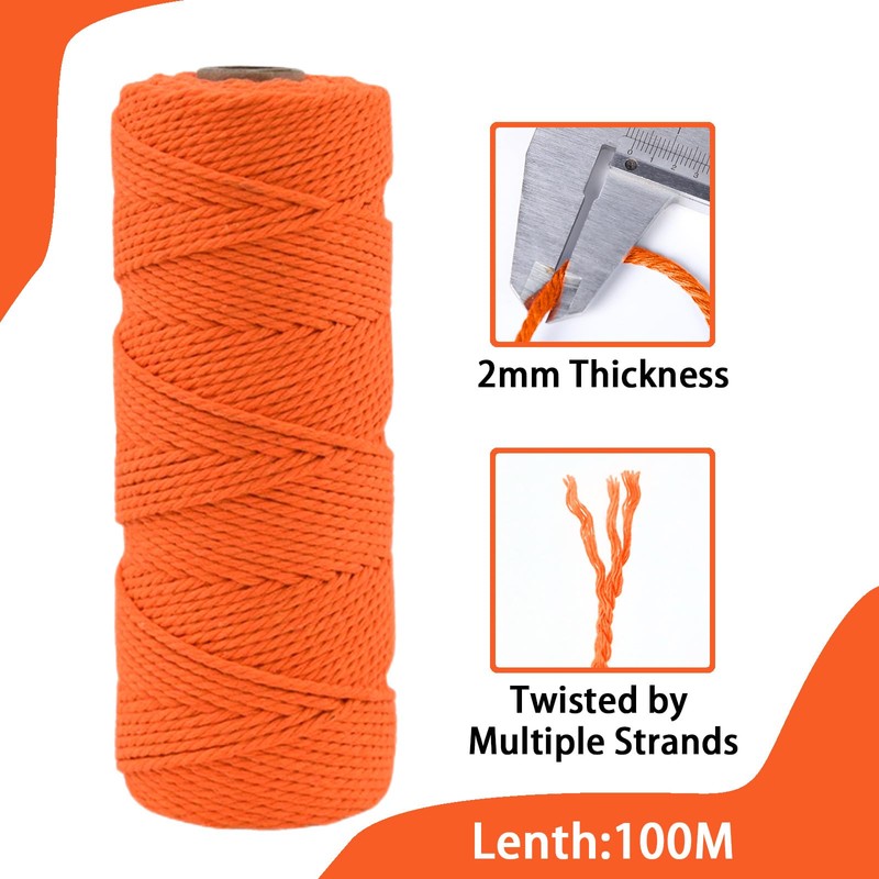 POPOYU 2mm Macrame Cord,100m Natural Cotton Macrame Rope,Orange Macrame Cotton
