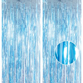 YAAVAAW 2pcs 3.2 x 8.3ft Glitter Baby Blue Foil Fringe Curtain Backdrop Tinsel Curtain Party Streamers Curtain Backdrop Decorations for Birthday School Graduation Hen Boys Party Decorations Blue