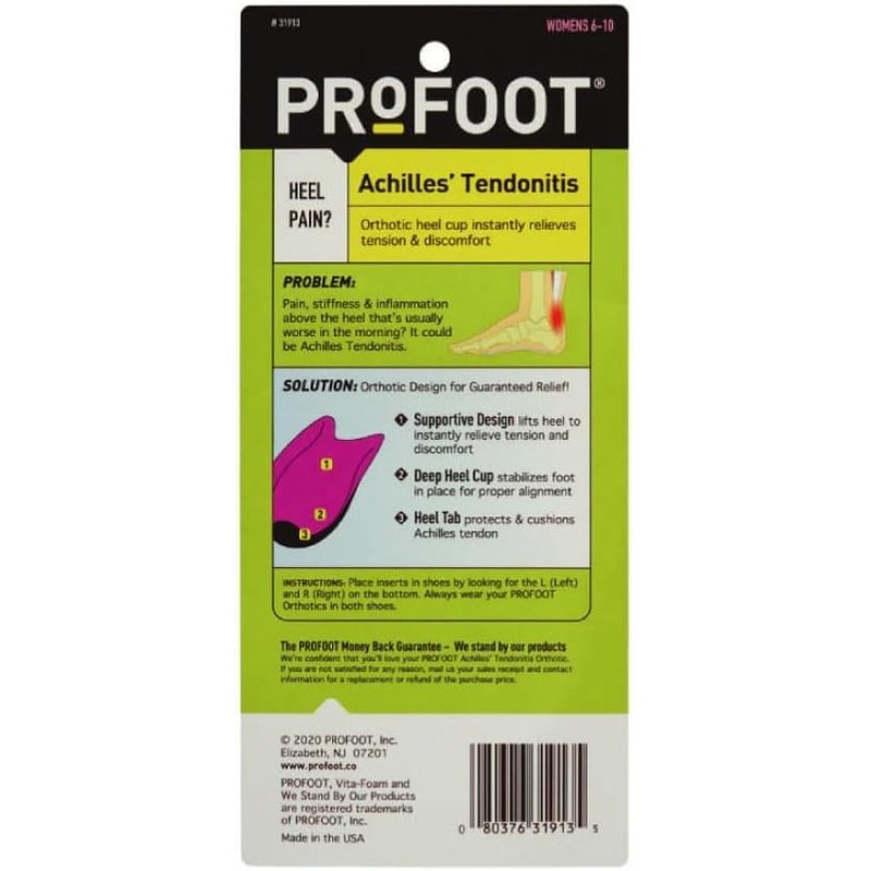 PROFOOT Achilles Tendonitis Orthotic Heel Cup for Women (Sizes 6-10)