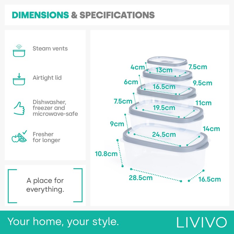 LIVIVO 5pc Stacking Food Storage Containers Set with Fitted Airtight