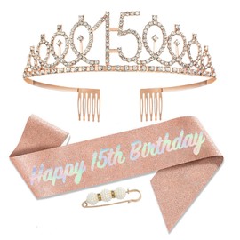 YAAVAAW 15th Birthday Sash and Tiara for Girls,Rose Gold 15th Birthday Crown Costume Set for 15th Birthday Gifts,Rhinestone Birthday Crown and Sash for Her 15th Birthday Decoration Party Accessories