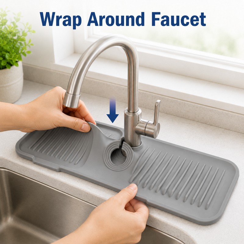 Silicone Faucet Splash Guard for Sink - Self-Draining Countertop Mat