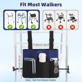 Rhino Valley Walker Bag, Walker Basket for Folding Walker with Cup Holder, 7 Pockets with Adjustable Strap Rope, Large Storage Walker Tray, Foldable Walker Accessories for Seniors, Blue & Black