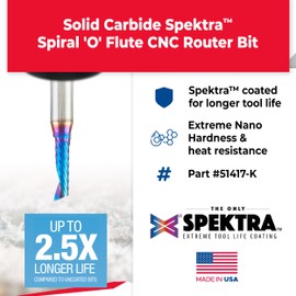 Amana Tool Spektra Coated Solid Carbide CNC Spiral Single O-Flute Router Bit for Plastic Cutting, 51417-K, 3/16 D x 5/8 CH x 1/4 SHK x 2 Inch Long Up-Cut with Mirror Finish