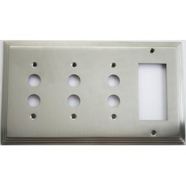 Satin Nickel Deco Step Style 4 Gang Wall Plate - 3 Push Button Switch 1 GFI/Rocker Opening