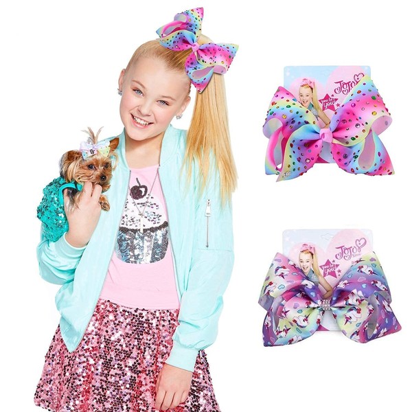 JoJo Siwa Bows for Girls- Large 8 inches Pink & Purple Colorful Bedazzled Unicorn Hair Accessories for Kids(2Pack)
