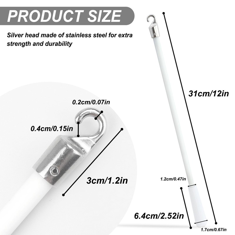 12.2" White Fiberglass Blind Rod with Metal Hooks, Window Roller