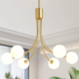 Zqoyn 6-Light Sputnik Chandelier Modern Brushed Brass Dining Room Light Fixture Mid Century Gold Chandelier with Milk Glass Hanging Pendant for Kitchen Island Dining Room, Living Room, Bedroom, Foyer