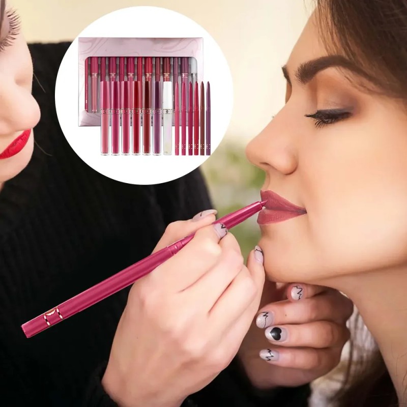 Set De Delineador Labial Y Pintalabios Maquillaje De Larga