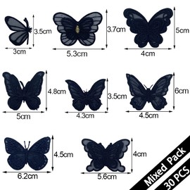 30 parches de mariposa de encaje de doble capa, bordado de mariposa, parches de organza para boda, vestido de novia, costura, manualidades, ropa, adornos para el pelo, etc. (negro)