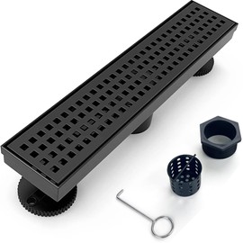 12 Inch Removable Cover Linear Shower Drain 304 Stainless Steel Rectangular Floor Drain for Kitchen Bathroom Square Hole Drain with Accessories Hair Strainer Adjustable Leveling Feet (Matte Black)