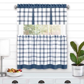 Tate Tier and Valance Window Curtain Set - 58 Width, 24 Length, 1.5 Inch Rod Pocket - Blue - Soft Light Filtering Fabric with Windowpane Plaid Design & Machine Washable by Achim Home Décor