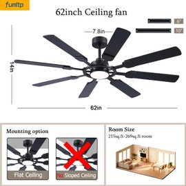 FUMLTP 62 inch Ceiling Fans with Lights and Remote Control, 8 Double-Sided Blades with 6-Speed Reversible DC Motor and Quiet & Timing Function, Black Large Ceiling Fan for Indoor & Outdoor Use
