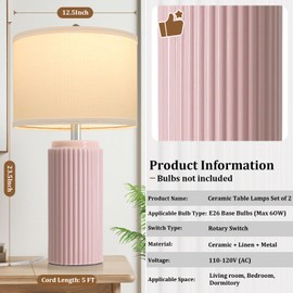 23.5’’ Modern Pink Table Lamps Set of 2 for Living Room, Ceramic Bedside Lamps with White Linen Shade for Girls Room, Rustic Nightstand Lamps for Bedroom Home Office, Cute Lamps for End Table Dorm