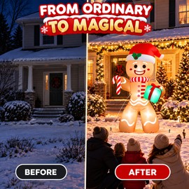 8FT Christmas Inflatable Gingerbread Man for Yard – LED Lighted Holiday Decoration with Gift Box for Outdoor Display