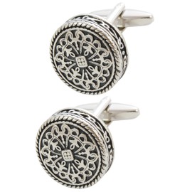 COLLAR AND CUFFS LONDON - PREMIUM Cufflinks WITH PRESENTATION GIFT BOX - Antique-Style Celtic Design - Brass - Round Cross Design - 20mm Diameter - Silver and Black Colours
