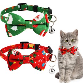 2pcs Christmas Cat Collar with Bells and Bow Tie, Detachable Adjustable Cat Collar Breakaway Cute Kitten Collar for Cats Puppy (Red Snowman + Green Santa Claus)