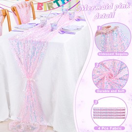 MoKoHouse Pink Table Runner Sequin Linens - 4 Packs 12 x 72 Inches Pink Iridescent Table Runners Mermaid Birthday Party Decorations