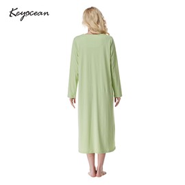 Keyocean Women Nightgown, Soft Cotton Comfortable Lightweight Long Sleeves Ladies Nightdress for Winter, Green, Medium (M)