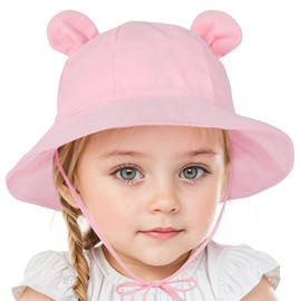 Zando Toddler Girl Sun Hat UPF 50+ Wide Brim Baby Girl Sun Protective Bucket Hat Cotton Toddler Girl Bucket Hats with Bear Ear Adjustable Summer Beach Cap Toddler Straw Hat Pink 2-4T