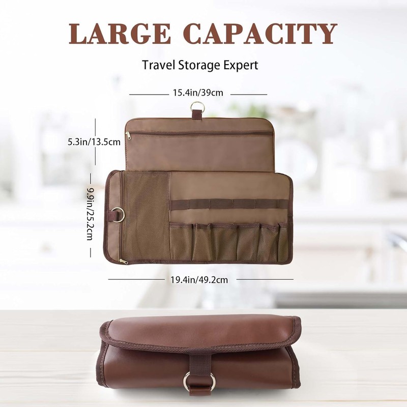 Travel Toiletry Bag for Men, Water-Resistant PU Leather Compact Roll