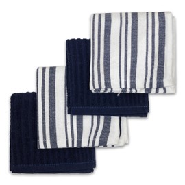 Frigidaire Claire 100% Cotton Dish Clothes,12" x 12", Solid and Stripe Print, Machine Washable, Denim,4-Pack