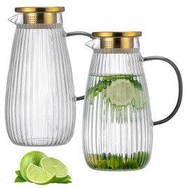 Buaic 2 PACK Glass Pitcher with Lid and Spout,68 oz/2 Liter Vertical Stripes Water Pitcher for Fridge, Clear Borosilicate Glass Water Carafe for Cold Brew, Coffee, Lemonade, Sun Tea,Heat Resistant
