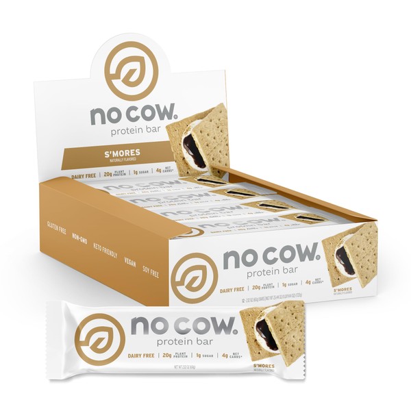 No Cow High Protein Bars, S'mores, 20g Plant Based Vegan Protein, Keto Friendly, Low Sugar, Low Carb, Low Calorie, Gluten Free, Naturally Sweetened, Dairy Free, Non GMO, Kosher, 12 Pack