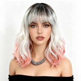 Colourful Short Bob Wigs with Bangs for Women 3 Tone Ombre Greyish white root to Pink Color Short Wavy Bob Hair Wig Shoulder Length Synthetic Heat Resistant Bob Wigs