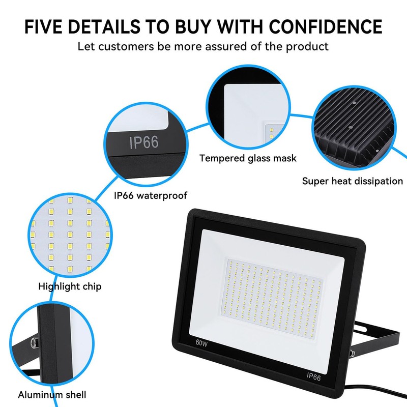 4Pack-60W LED Flood Light Outdoor,6600lm LED Work Light with 6FT