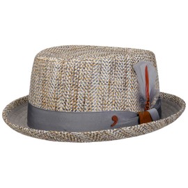 Alfonso D'Este Vendello Pork Pie Men's Fabric Hat, Summer Hat, Sun Hat, Pork Pie Hat, Made in Italy with Lining, Grosgrain Ribbon, Spring/Summer, M (56-57 cm), Beige/Blue, beige / blue, M